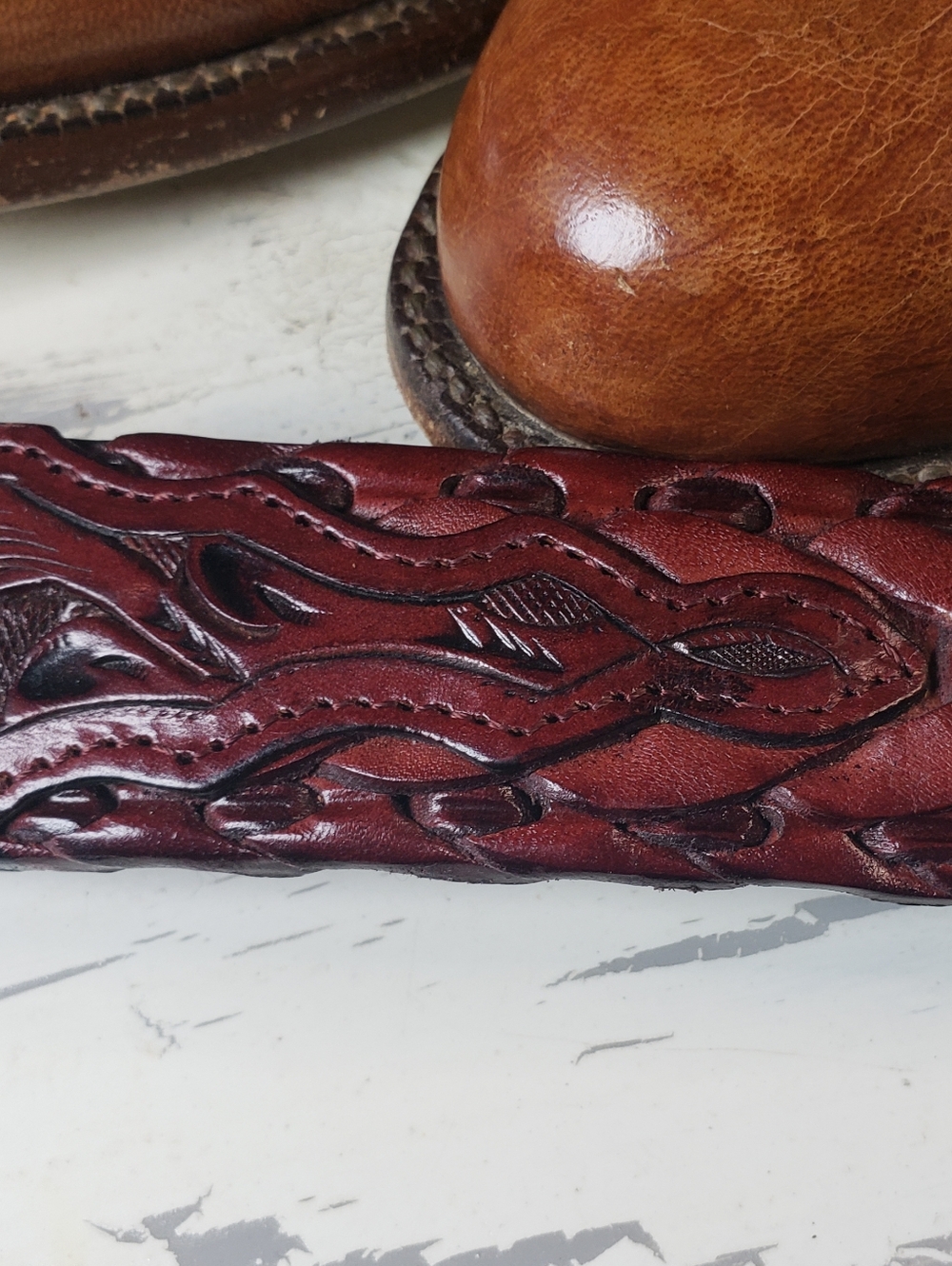 Nocona Hand-Tooled Cowboy Belt style A 542 in Deep Mahogany - size 36 - Picture 5 of 16